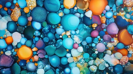 Poster - Vibrant Abstract Background of Colorful Bubbles and Dots in Vivid Blues and Oranges for Creative Design Use