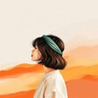 © Phanupong - Profile Portrait of a Stylish Woman with Short Hair and Green Headband Surrounded by Soft Orange Tones