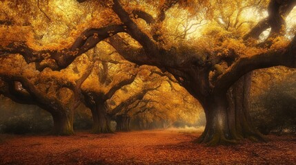 Poster - Golden Autumn: Majestic Oaks in a Mystical Forest