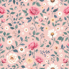  Pink roses, white daisies, and yellow flowers arranged in a repeating floral design against a pink background. Vector patterns, random pattern