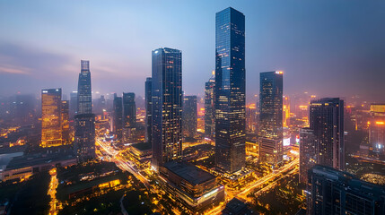 Canvas Print - a stunning view of a modern skyscraper district at night, illuminated by soft golden lights, capturi