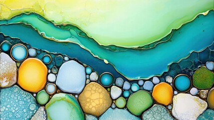 Aufkleber - Vibrant Abstract Artwork Featuring Colorful Circles and Flowing Lines in Green and Blue Tones