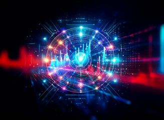 Leinwandbilder - Futuristic glowing energy core with vibrant blue, red, and purple lights. Circular shapes and lines create a technological and dynamic feel.