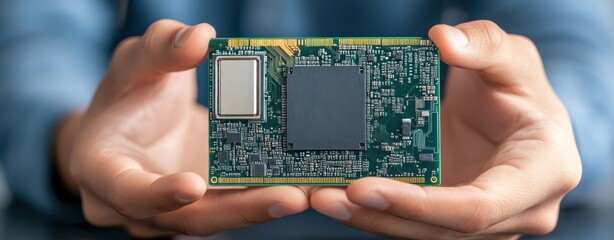 Leinwandbilder - Individual Holding Modern Microprocessor Circuit Board in Hands with Detailed Electronic Components Visible