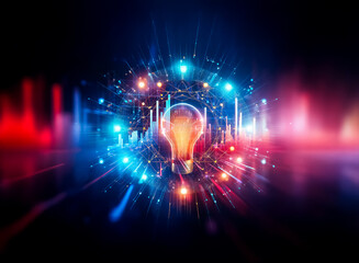 Aufkleber - A vibrant light bulb emits bright rays and particles, creating a futuristic and conceptual image against a dark backdrop, symbolizing innovation and ideas.