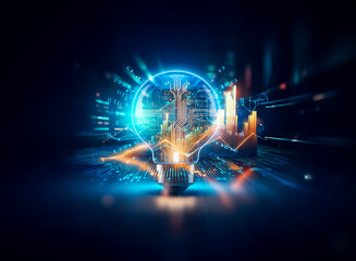 Poster - Illuminated lightbulb with circuit board interior, glowing with bright lines and data streams against a dark backdrop. Futuristic, digital, and innovative concept.