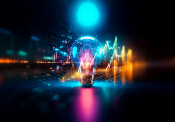 Poster - Illuminated light bulb with a brain inside, set against a vibrant, abstract background that suggests data visualization and futuristic technology.