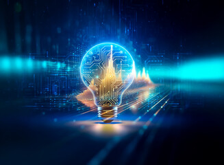 Fototapete - Glowing lightbulb with circuit board design inside, symbolizing innovation and technology against a digital blue backdrop.