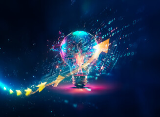 Poster - A vibrant light bulb illuminates a dark backdrop, encircled by digital streams and a star arrow pointing up, symbolizing innovation and bright ideas.