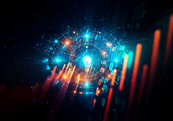 Aufkleber - Vibrant digital lightbulb core surrounded by glowing circles, binary code, and streaming data in an abstract tech style with blue, orange, and red colors.