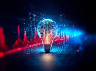 Poster - A glowing light bulb with internal circuits is displayed against an abstract backdrop featuring red and blue digital lines, evoking a sense of futuristic technology.