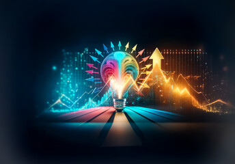 Aufkleber - Glowing bulb with arrows radiates, symbolizing idea generation, growth, and innovation. Graph lines show upward and downward trends in neon colors on dark backdrop.