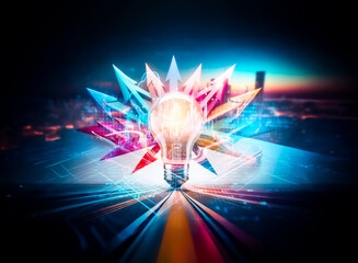 Bright light bulb illuminates with geometric burst, symbolizing ideas and innovation against a blurred urban backdrop with motion lines.