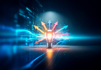Aufkleber - Illuminated light bulb emits bright light, surrounded by colorful arrows radiating outwards against a vibrant digital background. Symbolizes ideas spreading and innovation.
