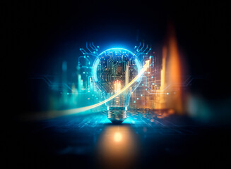 Poster - A glowing light bulb with circuit patterns and an upward arrow represents innovation, technological advancement, and future growth.