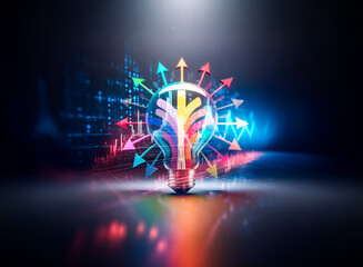 Poster - A bright lightbulb radiates colorful arrows in all directions against a dark backdrop, symbolizing ideas spreading and inspiration flowing outward.