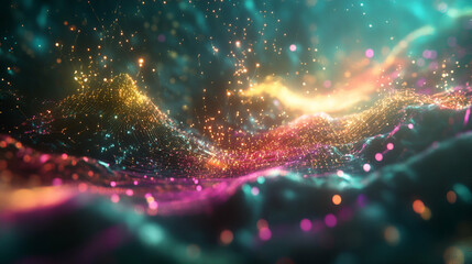 Wall Mural - a vibrant, multi-colored generative landscape with glowing particles and abstract waveforms. it repr