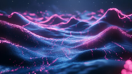 Wall Mural - a smooth and glowing blue-pink digital terrain resembling mountains with neon-lit peaks. it represen