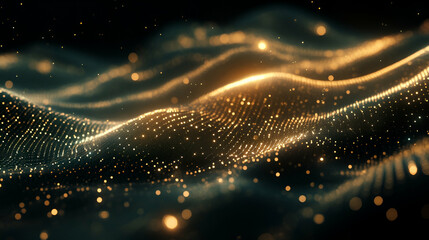 Wall Mural - a flowing golden and black wave of digital particles forming an abstract ai-powered cyber stream. th