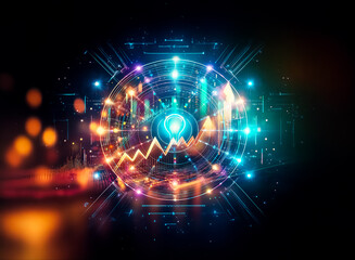 Fototapete - Abstract glowing circle with bright lines and shapes on a dark background. Futuristic and technological design with vibrant colors.