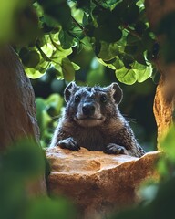 a dreamy summer frame of green foliage with a rock hyrax sunning itself on a warm stone.