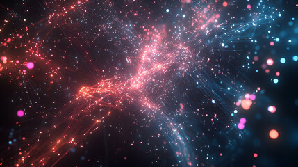 Wall Mural - a vast cosmic explosion of bright pink and blue digital lights, forming a galactic-style network of 