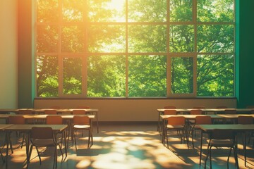 Wall Mural - sunlit classroom with large windows overlooking lush green trees, desks arranged neatly.