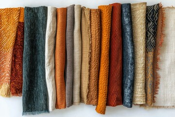 Poster - A collection of autumnal-toned fabric swatches in various textures and weaves.