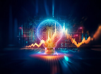 Leinwandbilder - Glowing digital lightbulb with circuit patterns shines brightly against a dark backdrop. Futuristic tech design with vibrant lines and graph elements suggests innovation and technological advancement.