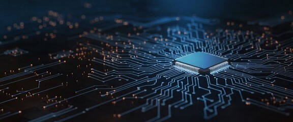 Close-up of a microchip with glowing circuits, conveying a sense of technological advancement.