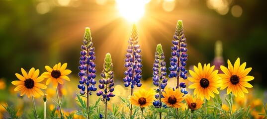 Sticker - Wildflowers In Bloom Sun-Drenched Meadow With Lupines And Daisies, Golden Hour Light