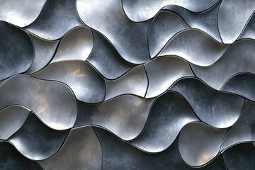 Fototapete - Abstract metallic background with wavy, textured, gray and silver shapes.