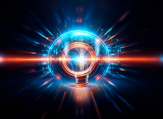 Aufkleber - A glowing lightbulb, its filament replaced by intricate circuit boards, symbolizes innovation and technological advancement.  The blue circuitry contrasts with the warm light, representing the merging