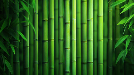 Wall Mural - Textured bamboo background with vibrant green stalks and leaves, creating serene and natural atmosphere. Perfect for nature themed designs or backgrounds