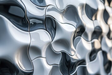 Poster - Abstract close-up of a metallic surface with flowing, interconnected shapes in grayscale.