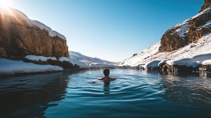 Sticker - A peaceful moment of a person submerged in an outdoor hot spring, surrounded by snow-covered rocks under a clear winter sky