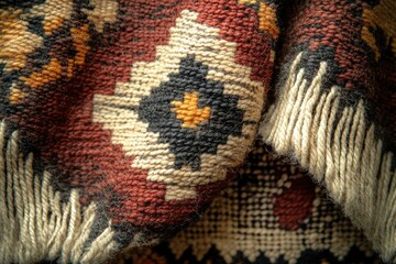 Aufkleber - Close-up of a richly textured woolen textile with intricate geometric patterns in earthy tones.