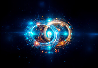 Poster - Bright light bulb at the center of concentric circles with glowing nodes, suggesting innovation, technology, and a powerful idea in a digital space.
