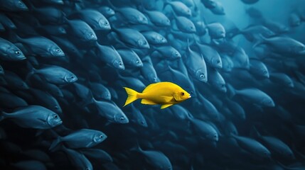 Poster - A solitary yellow fish moving against the flow of uniform gray fish in the expansive blue depths of the ocean.