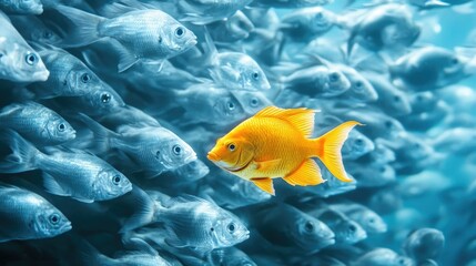 Poster - A symbolic underwater image of a yellow fish going against the flow of a large group of gray fish in clear blue waters.