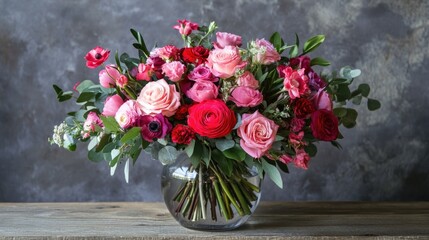 Sticker - A vibrant bouquet of mixed pink and red flowers placed in a clear glass vase on a wooden table.