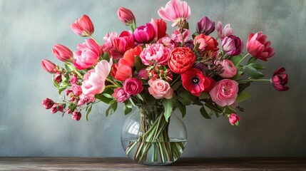 Sticker - A vibrant bouquet of mixed pink and red flowers placed in a clear glass vase on a wooden table.