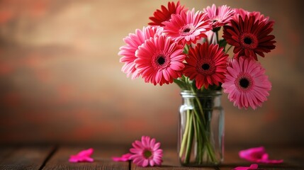 Sticker - A vibrant bouquet of mixed pink and red flowers placed in a clear glass vase on a wooden table.