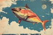 © muhamad - Colorful Vintage Illustration Of A Fish Leaping Against A Blue Sky With Clouds And A Moon, Ideal For Seafood Or Nature-Themed Projects.