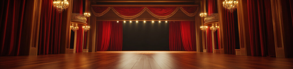 Wall Mural - empty grand cabaret hall with ornate red velvet curtains and wooden floor, evoking sense of anticipation and elegance