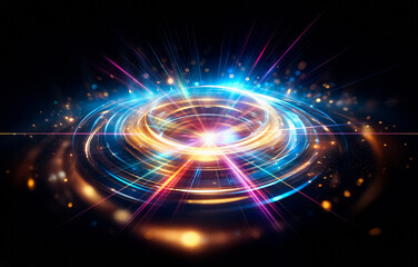 Poster - A burst of colorful light rays on a black background.