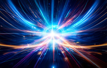 Poster - Abstract background with radiating lines of vibrant colors and a central white light source.