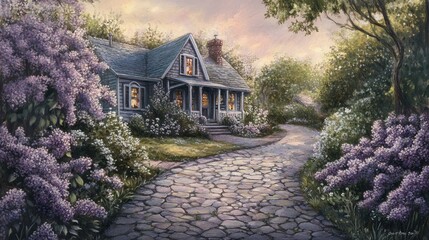 Sticker - Cobblestone path bordered by lilacs leading to a cozy home, softly detailed hand drawing