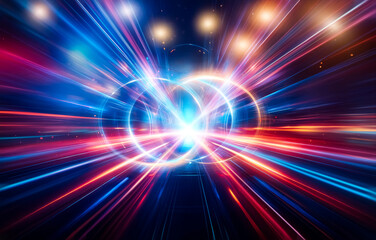 Poster - Abstract streaks of red, blue, and orange light converge in a dark, blurred background.