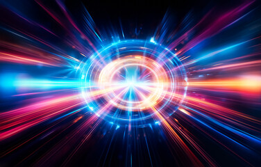 Poster - Abstract glowing light streaks creating a futuristic tunnel effect with a vibrant blue, red and yellow color scheme.
